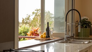 Una cocina con ventana, un lavamanos, una botella y un vaso.