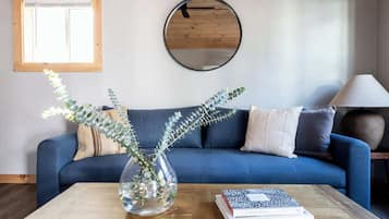 Televisión, chimenea, libros y estéreo