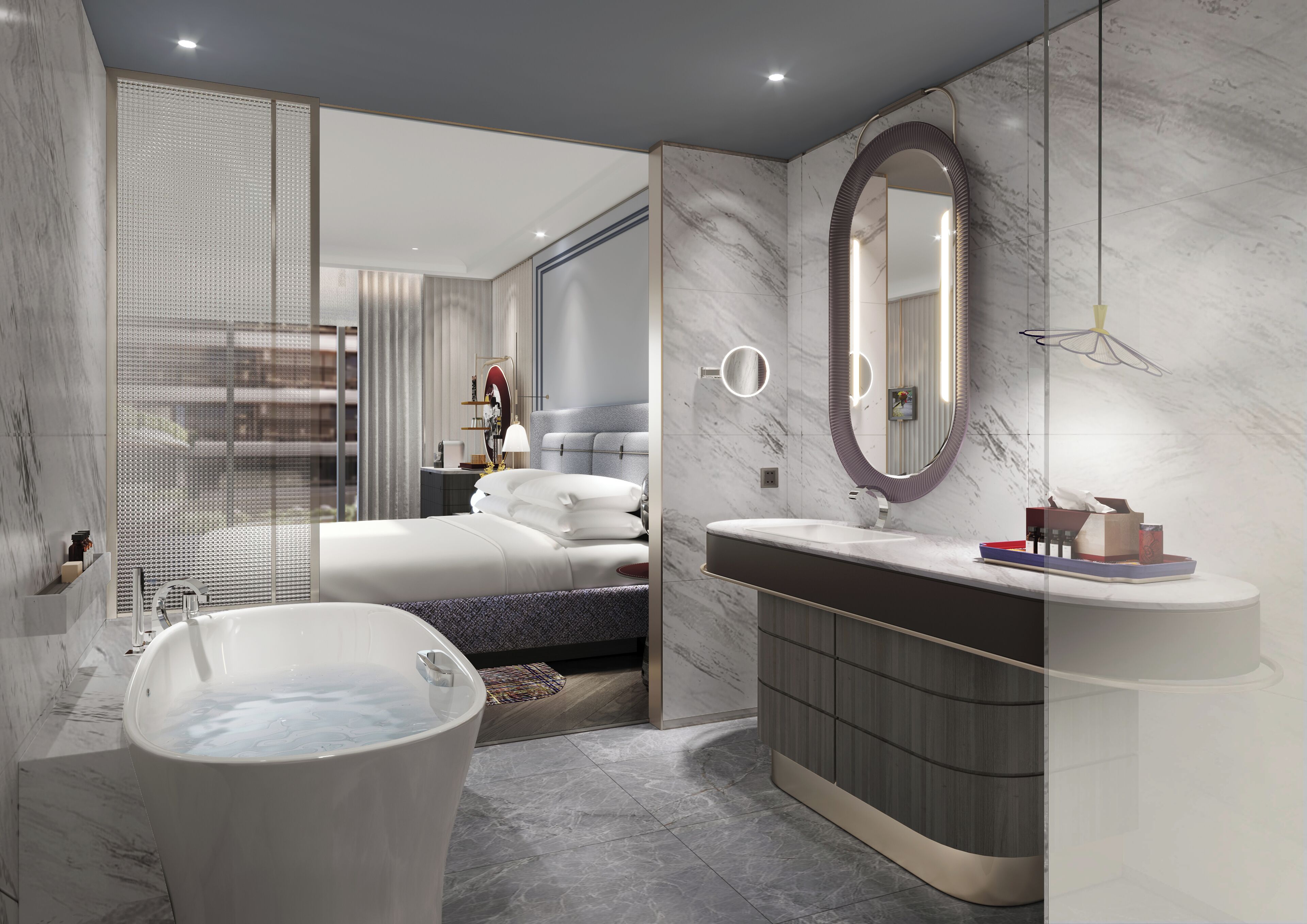 A modern bathroom with a bathtub, a large mirror, and a vanity with a sink.