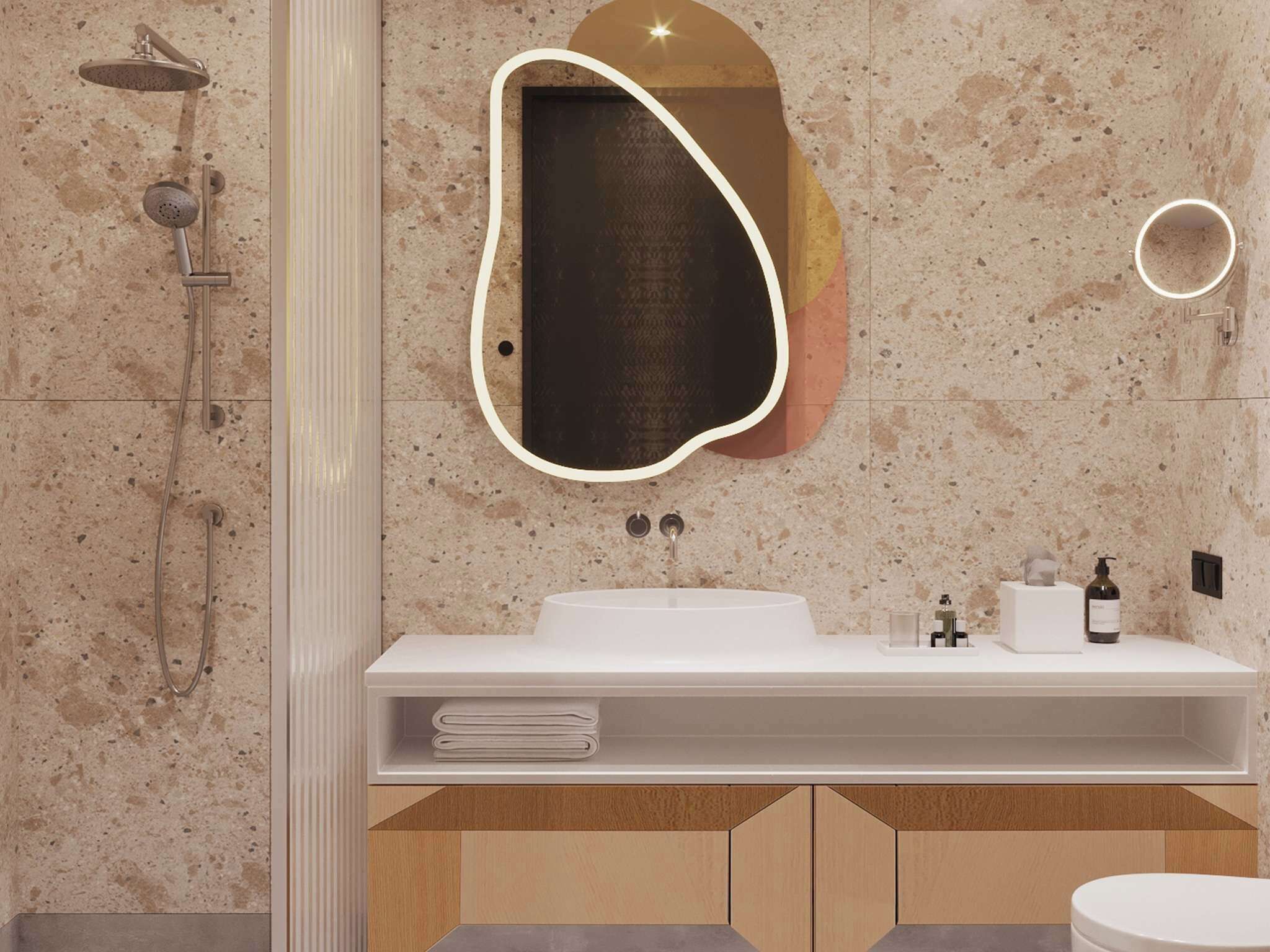Un baño moderno con ducha independiente, un espejo grande con luz y un lavamanos blanco con toallero.