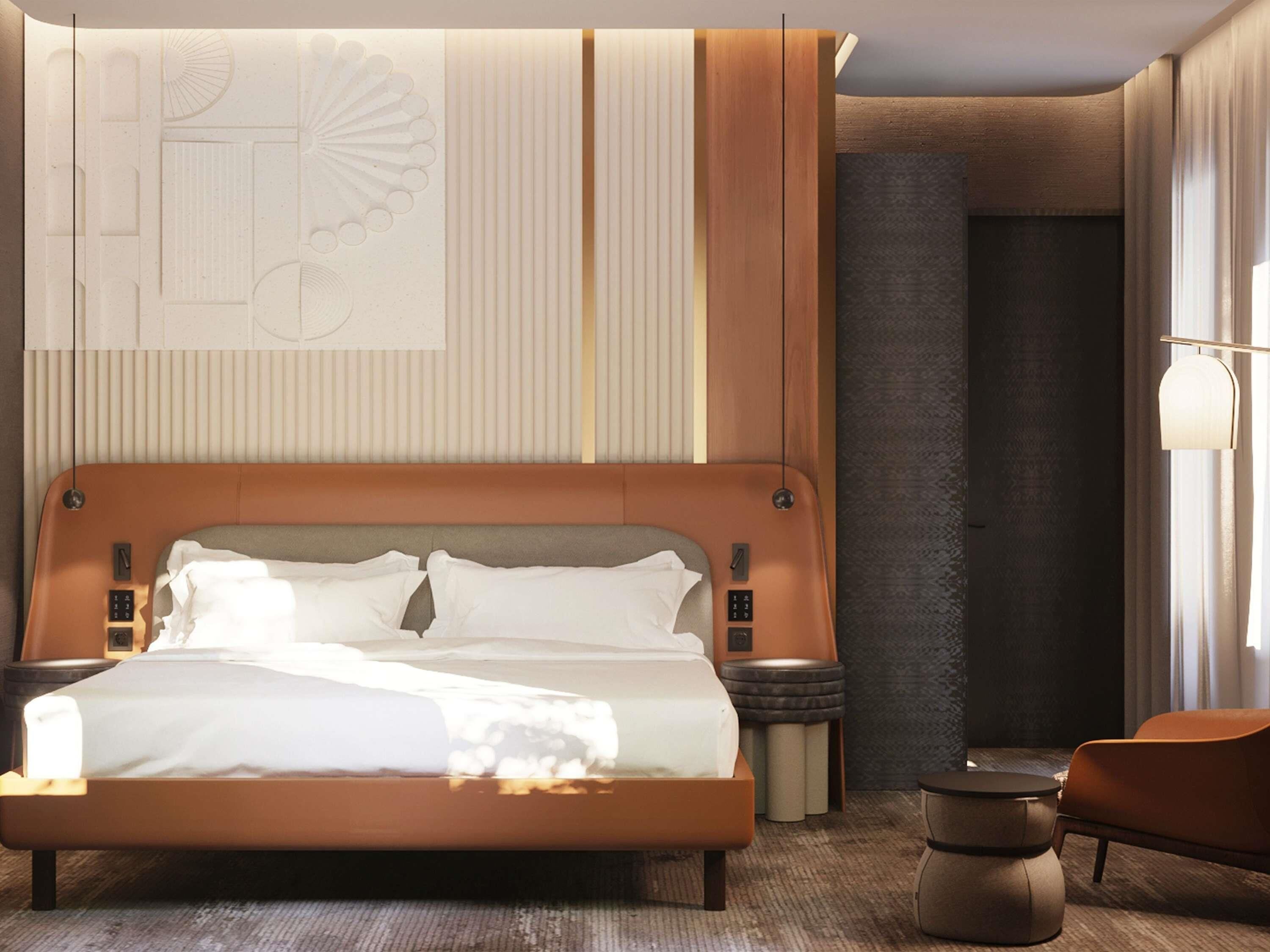 A modern hotel room with a large bed, bedside tables, a chair, and a unique wall design.