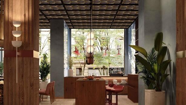 A modern interior with wooden furniture, a coffee bar, and large windows. - Mövenpick Yerevan (Yerevan)