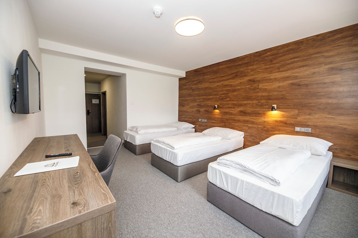 A hotel room with two single beds, a desk with a chair, a flat-screen TV mounted on the wall, and a wooden accent wall.