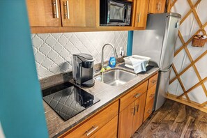 Frigorífico, microondas, placa de cocina y tostadora