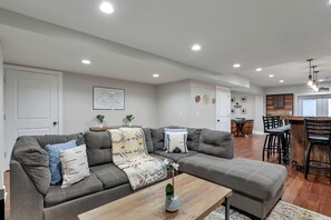 TV, fireplace, table football, ping pong