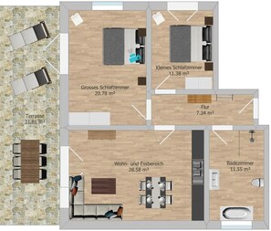 Un hôtel comprenant une terrasse, deux chambres, une salle de bain, un salon et un coin repas.