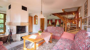 Fernseher, Kamin, Bücher, Stereoanlage