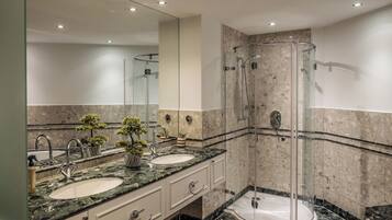 Hair dryer, towels, soap, shampoo