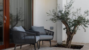 Un espace patio aménagé avec deux chaises en osier noir et un petit olivier.