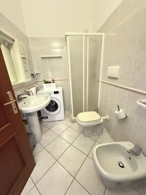 Secador de cabelo, bidê, toalhas de banho, papel higiênico