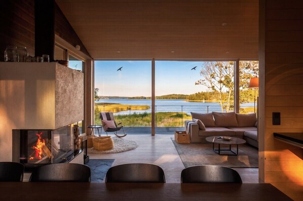 A modern interior with a fireplace, a sofa, a dining table, and a view of a lake.
