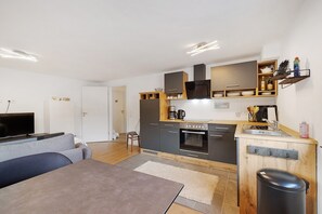 Fridge, microwave, oven, stovetop - Apartment 'Vor dem Zoller' with Private Terrace and Wi-Fi (Hechingen-Boll)