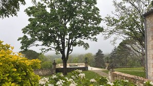A garden with a large tree, a stone wall, and a pathway leading to a building. - Château Ecrin de lumiere (Campsegret)