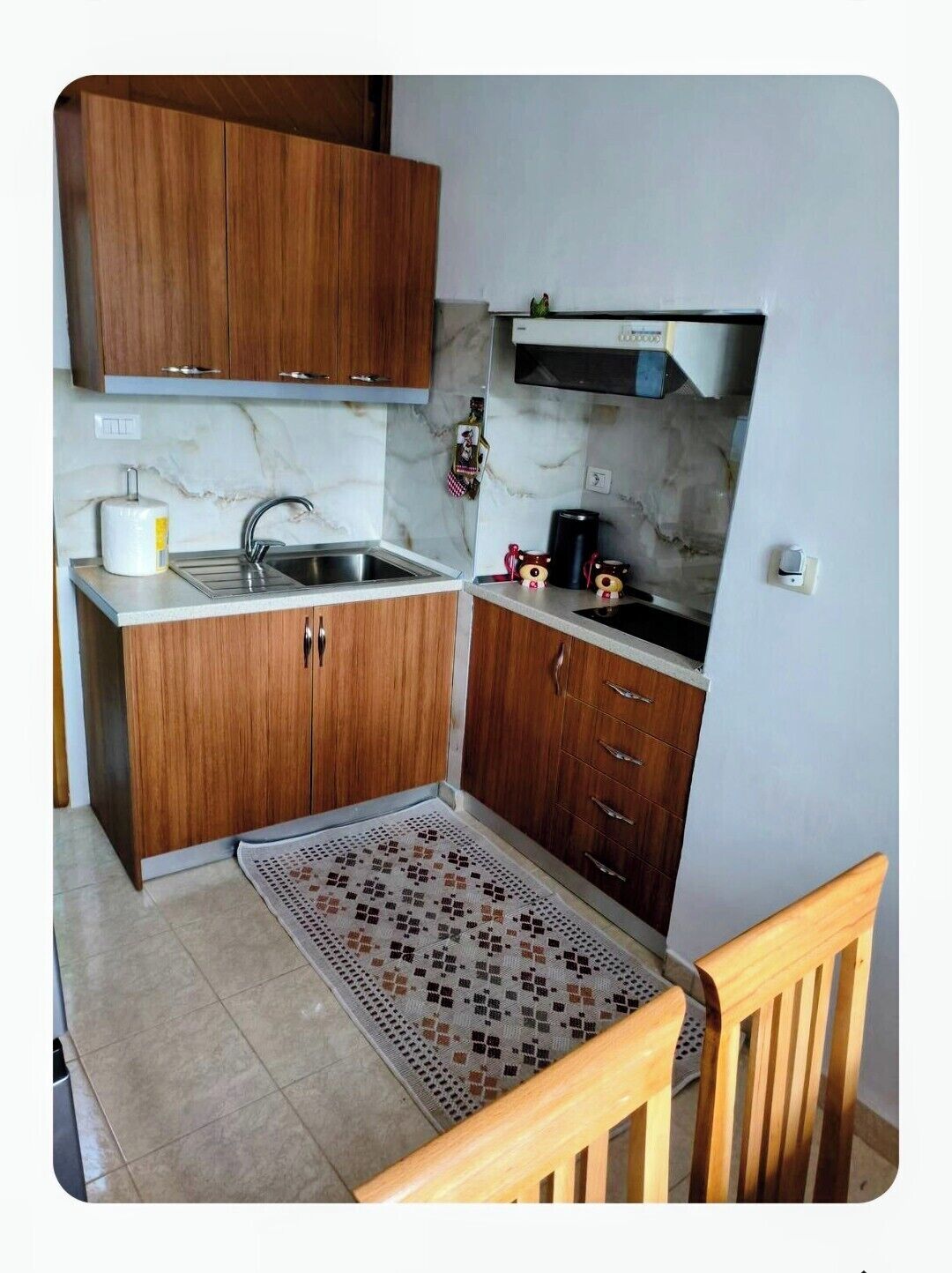 Fridge, electric kettle, cookware/dishes/utensils