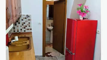 Fridge, electric kettle, cookware/dishes/utensils