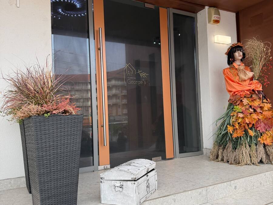 Een gebouwtoegang met een grote potplant, een koffer en een persoon in traditionele kleding.