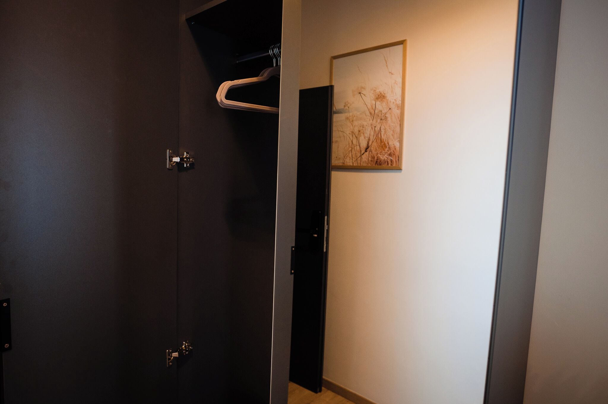 Une porte sombre, avec un porte-manteau et un tableau encadré accroché au mur.