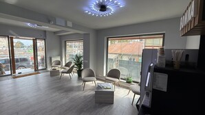 A spacious living room with a modern ceiling light, large windows, and a flat-screen TV. - FLY & STAY AT GEORGE'S (Otopeni)