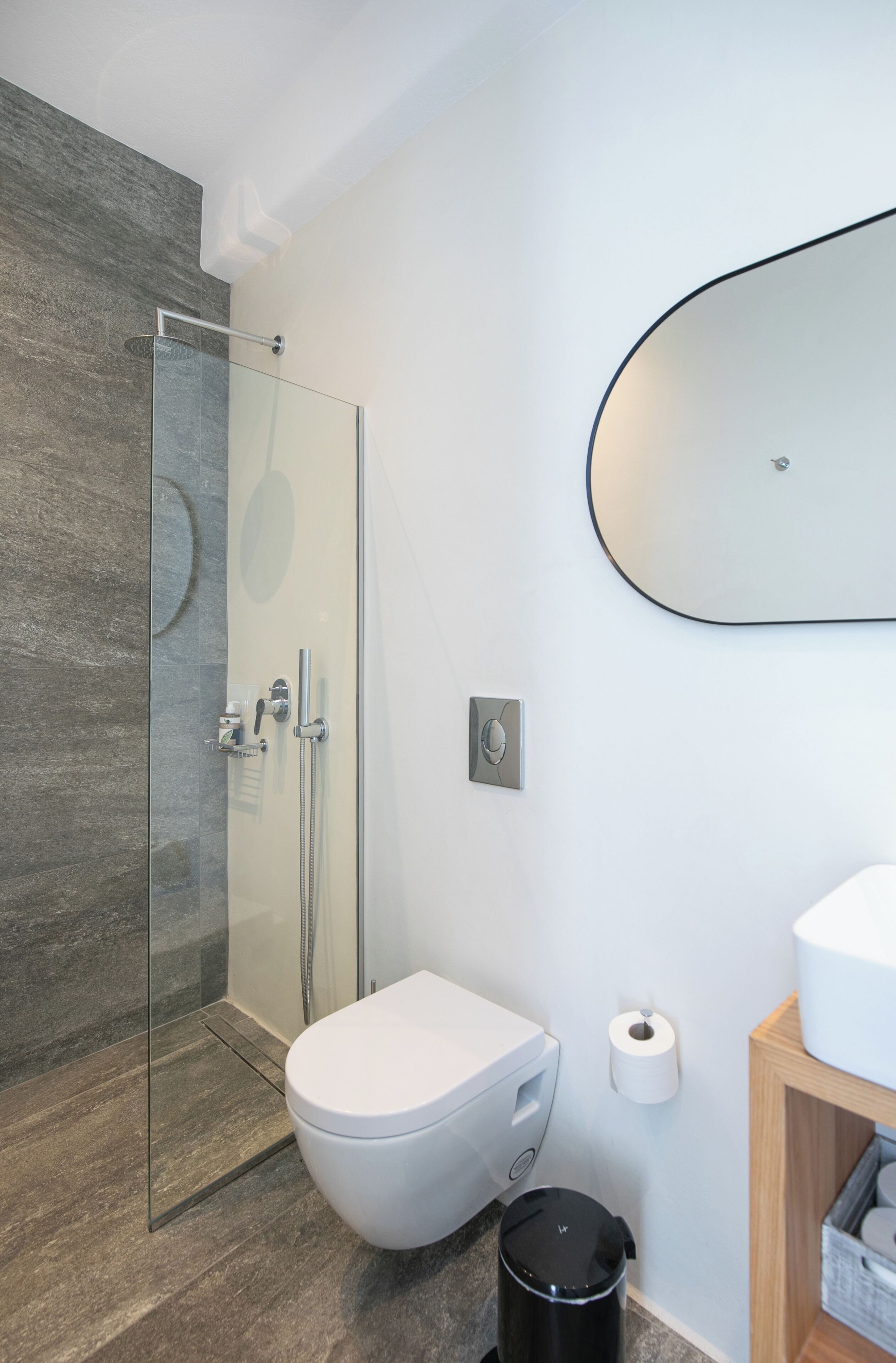 A modern bathroom with a glass shower enclosure, a white toilet, a wooden cabinet, and a large mirror.