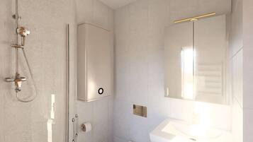 Comfort studio, uitzicht op bergen | Badkamer | Een douche, een haardroger, handdoeken, zeep