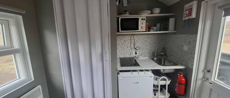 Een kleine keuken met een magnetron, spoelbak en een compacte koelkast.