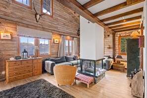 Télévision, cheminée, lecteur de DVD