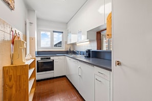 Fridge, oven, dishwasher, cookware/dishes/utensils