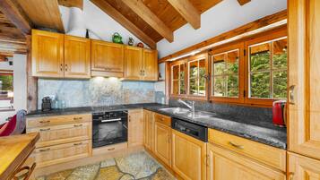 Fridge, oven, dishwasher, cookware/dishes/utensils