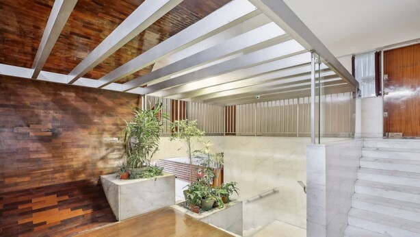 Ein modernes Interieur mit Holzboden, Betonpflanzgefäßen mit Pflanzen und einer Treppe, die zu einer zweiten Ebene führt.