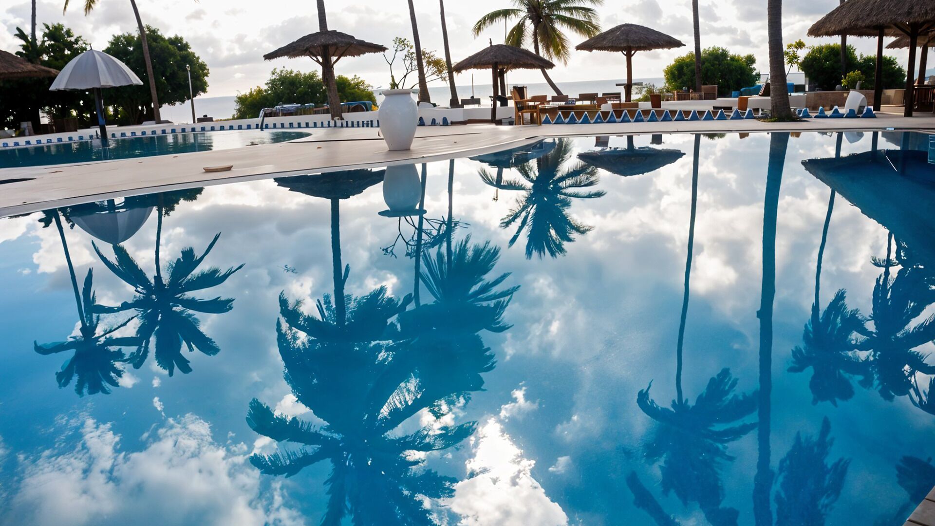 Una piscina con riflessi di palme, poltrone a sdraio e ombrelloni.