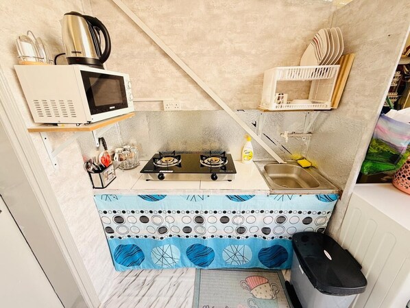 Fridge, microwave, stovetop, electric kettle