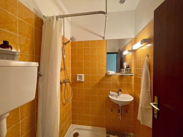 A bathroom with a shower, toilet, sink, and a mirror.