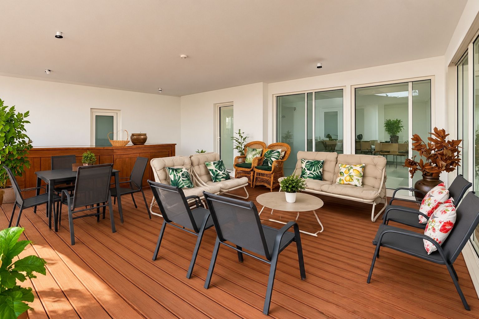 A spacious indoor area with a wooden deck, seating arrangements including sofas and chairs, and large windows providing natural light.