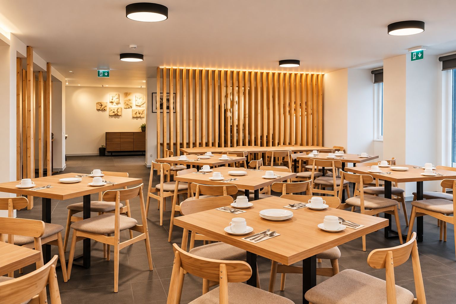 A modern dining area with wooden tables and chairs, equipped with white tableware.