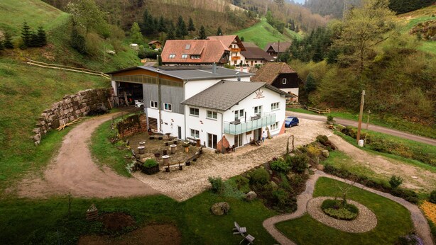 A large house with a paved driveway, surrounded by greenery and hills. - Apartment 'Rebblick' with Shared Terrace, Shared Garden and Wi-Fi (Oberkirch)