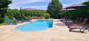 Seasonal outdoor pool, sun loungers
