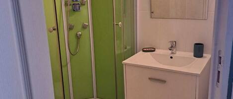 Un baño con ducha de vidrio, un lavamanos blanco y un espejo encima.