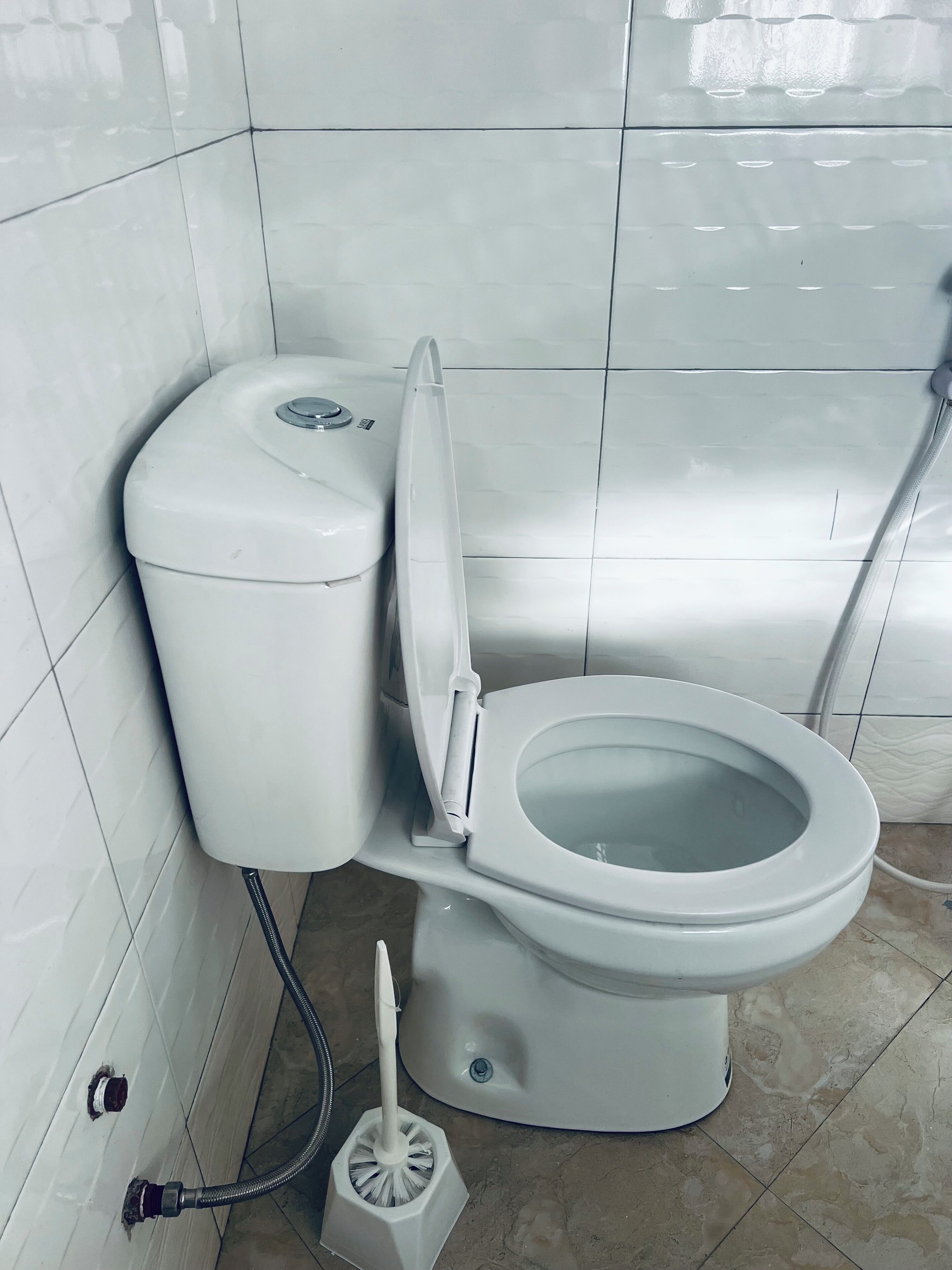 Shower, slippers, towels, soap