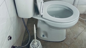 A toilet with a bidet attachment, a handheld bidet sprayer, and a toilet paper holder. - Osim bnb (Arusha)