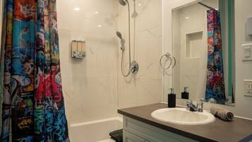 Hair dryer, towels, soap, toilet paper