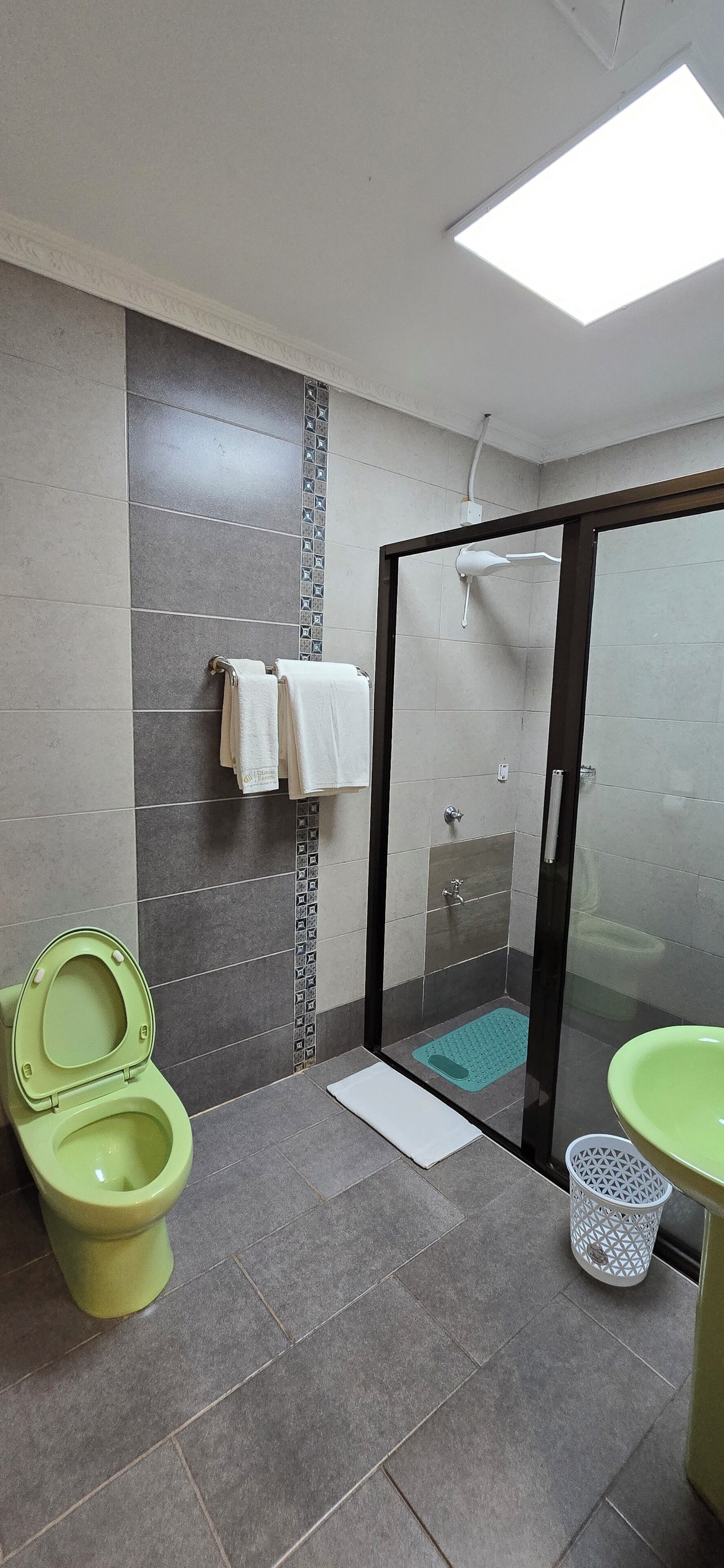 A bathroom with a toilet, sink, and shower area.