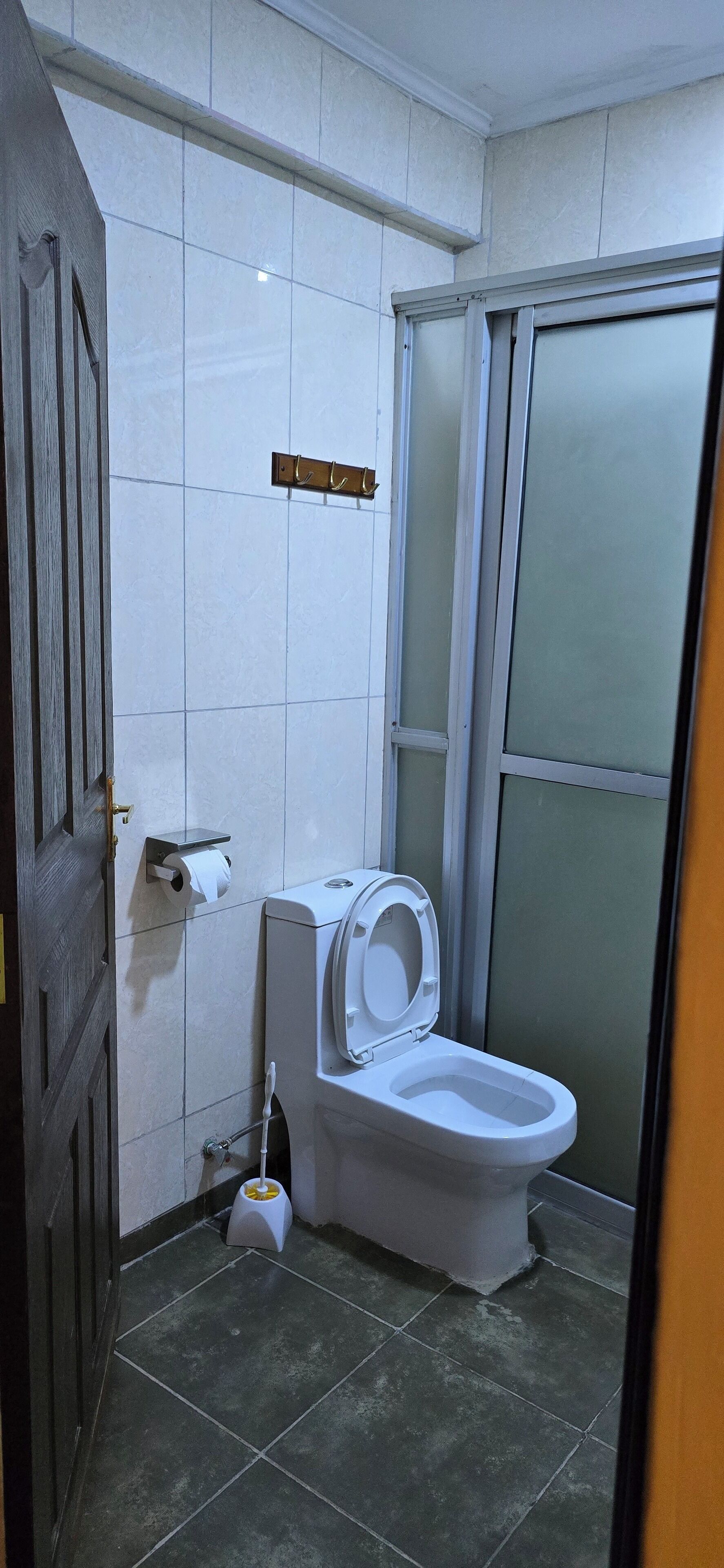 A small bathroom with a toilet, a toilet paper holder, and a broom.