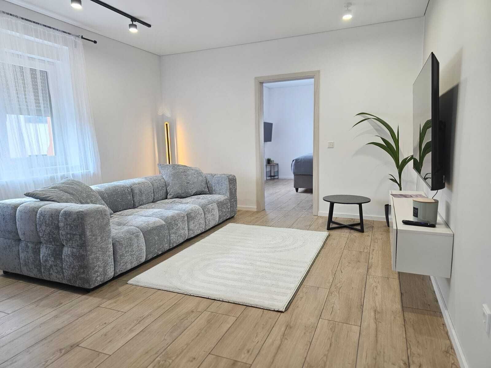 A modern living room with a grey sofa, a white rug, a small round table, a TV on a white stand, and a plant.