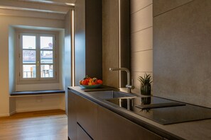 Eine moderne Küche mit Einbauherd, Spüle und Fenster mit Blick auf eine Wohngegend.