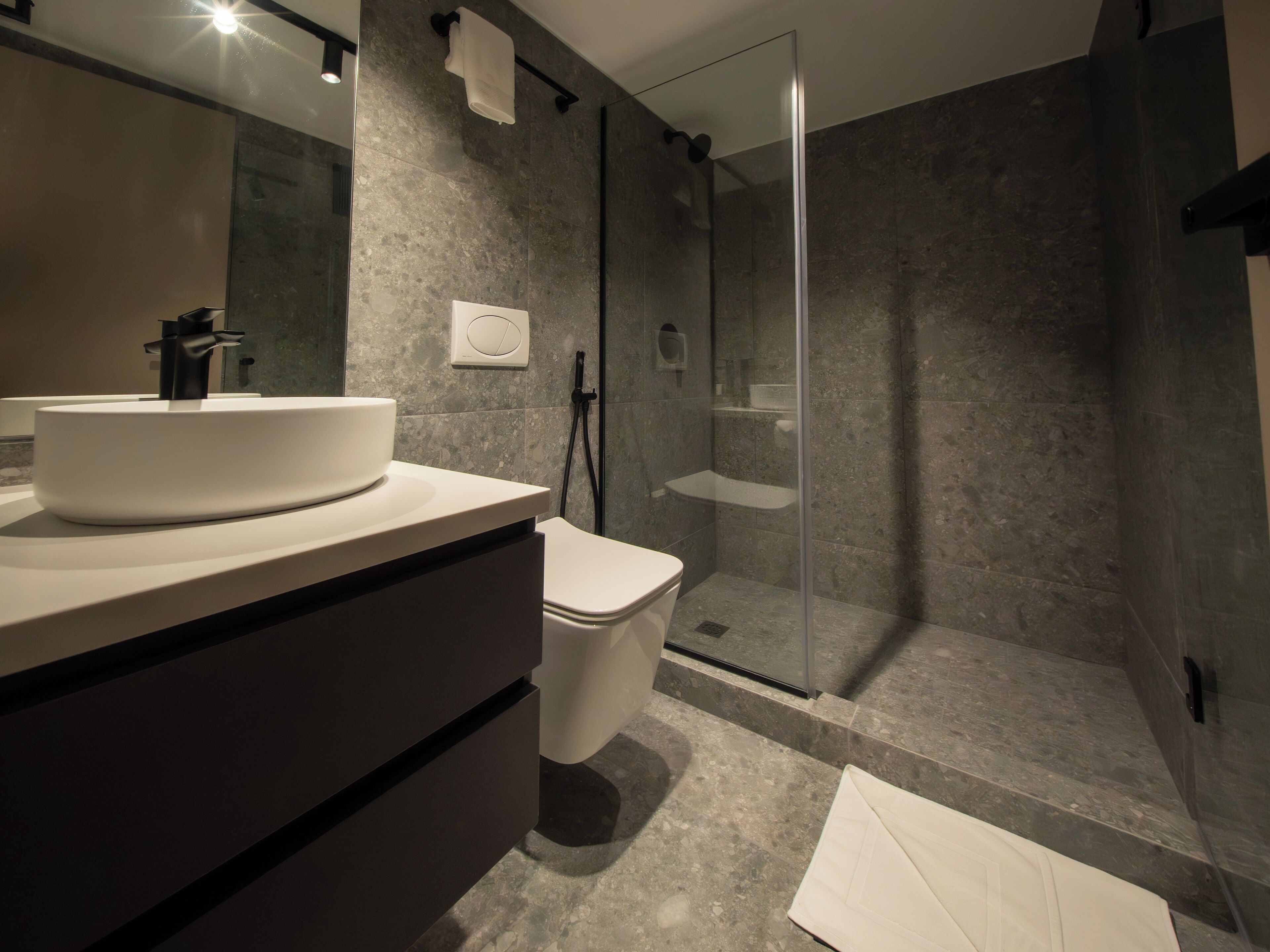 Un bagno moderno con un ampio lavandino bianco, un water e una cabina doccia in vetro.