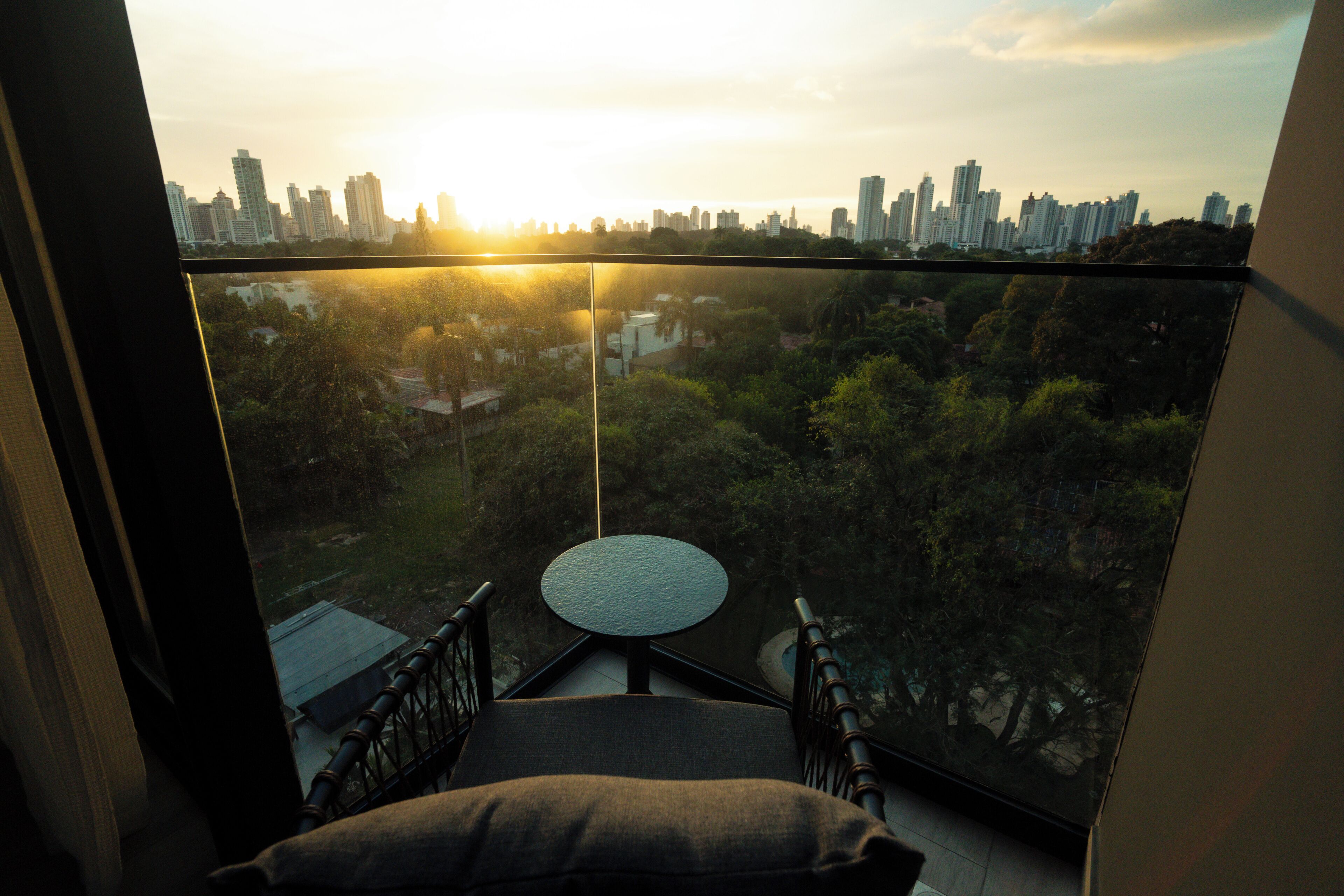 Un balcón con vista a un horizonte urbano y árboles.