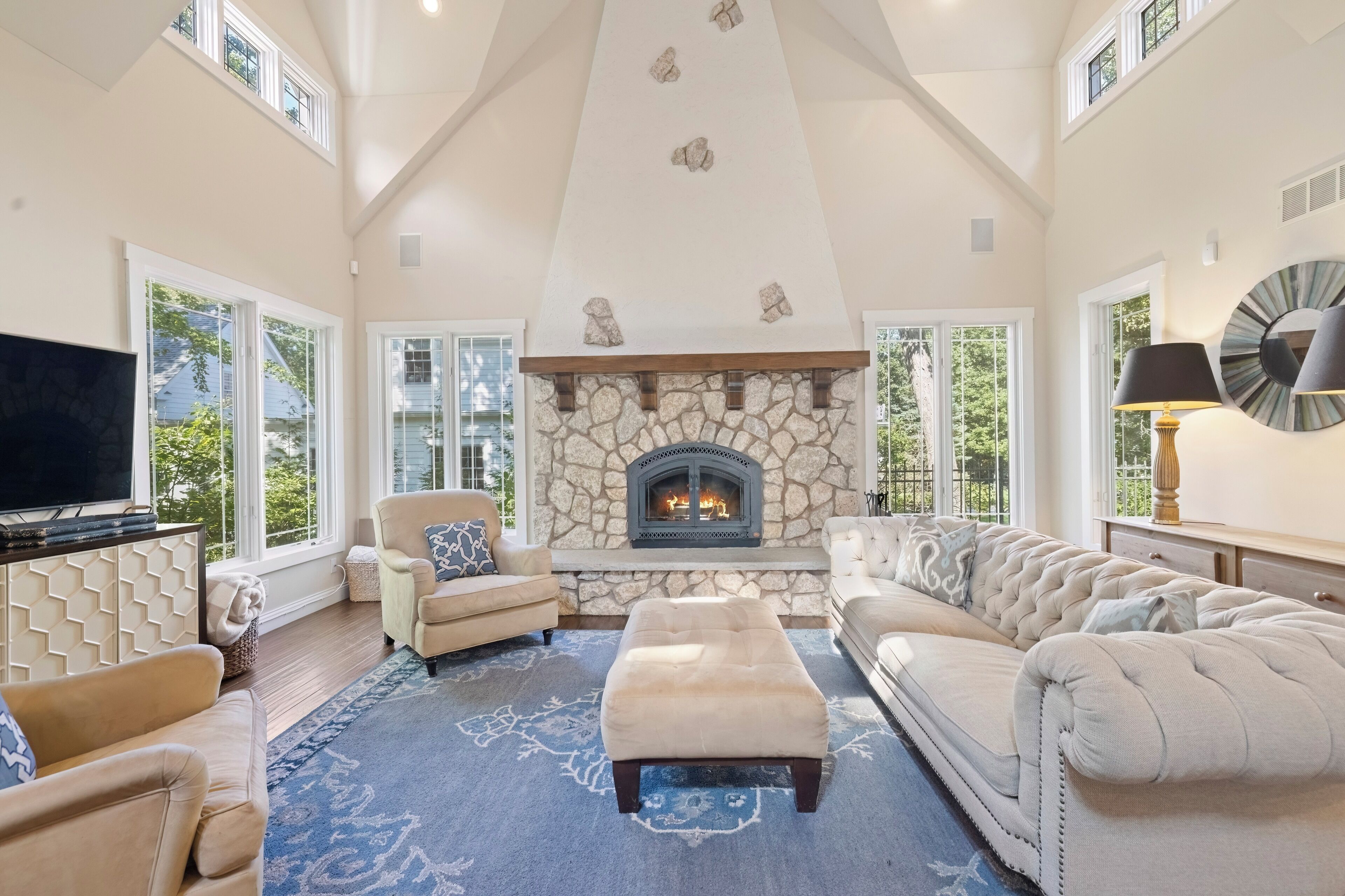 Smart TV, fireplace, books