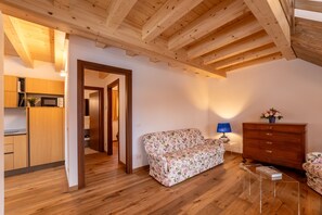 Leilighet – comfort, 2 soverom | Oppholdsområde | En 30-tommers TV med Parabol-TV