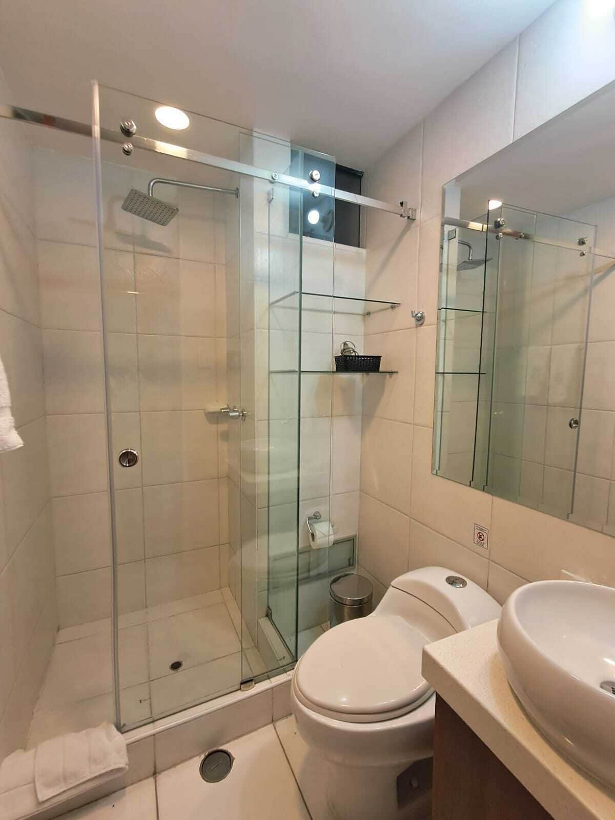 A modern bathroom with a glass-enclosed shower, a toilet, and a sink.
