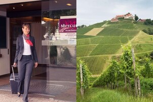 Una persona caminando hacia la entrada de un hotel con un cartel que dice 'Mercury Acacia Hotel' y vistas de viñedos al fondo.